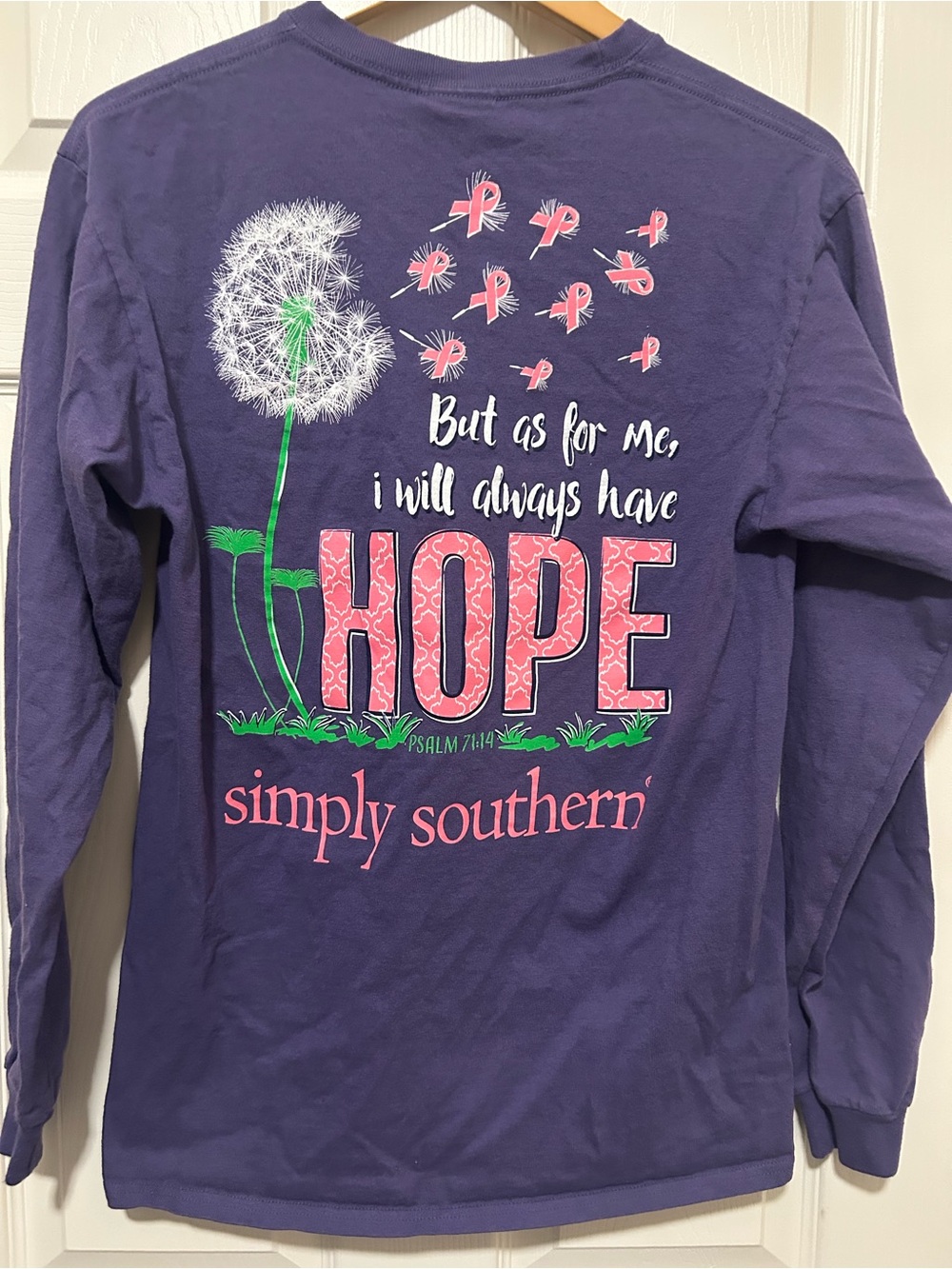 Simply Southern Breast Cancer Pink Ribbon T Shirt Womens M Long Sleeve Purple
